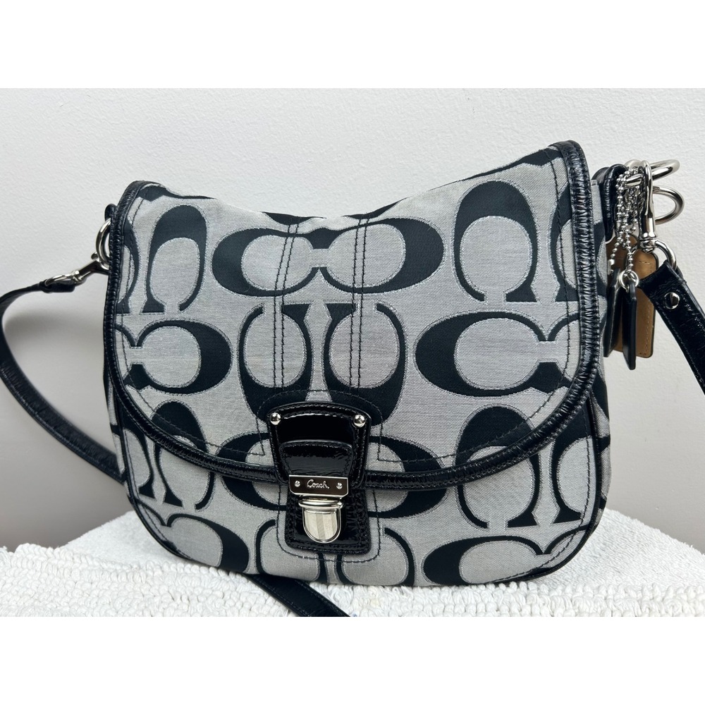 Coach Black & Gray Signature Canvas Satchel Crossbody Handbag Purse
